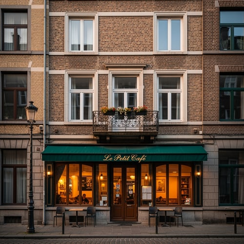 AI Design for Please make me suggestions for the facade of a house that is in a row. There is a cafe on the ground floor and an apartment on the first floor and it has a flat roof.