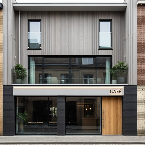 AI Design for make me suggestions for the facade of a house that is in a row. There is a cafe on the ground floor and an apartment on the first floor and it has a flat roof. Also, the cafe is recessed and above it is a terrace from the apartment across the entire width of the building. Let it be modern