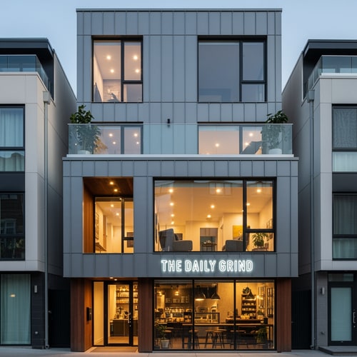 AI Design for make me suggestions for the facade of a house that is in a row. There is a cafe on the ground floor and an apartment on the first floor and it has a flat roof. Also, the cafe is recessed and above it is a terrace from the apartment across the entire width of the building. Let it be modern