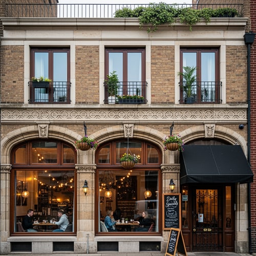 AI Design for Please make me suggestions for the facade of a house that is in a row. There is a cafe on the ground floor and an apartment on the first floor and it has a flat roof.