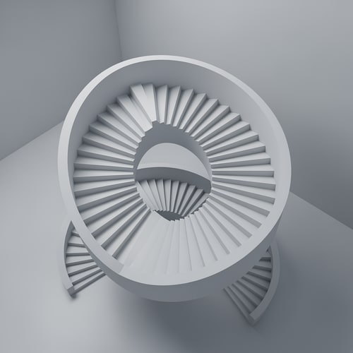 AI Design for A staircase that always leads back.
Concept:
Stairs that go up → turn → go down → return to the same point
The user has a sense of progress, but never moves in space
Architectural:
Pure geometry
clear, repetitive modules
No strings attached, no details.