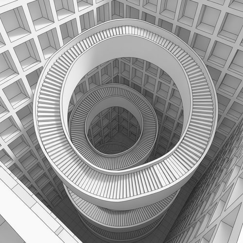 AI Design for A staircase that always leads back.
Concept:
Stairs that go up → turn → go down → return to the same point
The user has a sense of progress, but never moves in space
Architectural:
Pure geometry
clear, repetitive modules
No strings attached, no details.