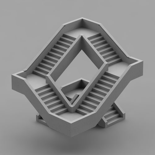 AI Design for A staircase that always leads back.
Concept:
Stairs that go up → turn → go down → return to the same point
The user has a sense of progress, but never moves in space
Architectural:
Pure geometry
clear, repetitive modules
No strings attached, no details.