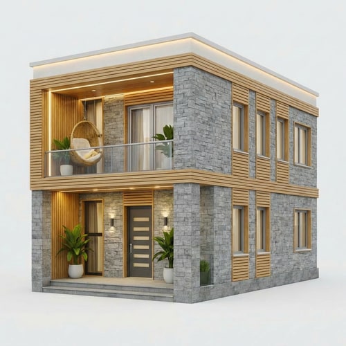 AI Design for let the stone be the same on both the columns and the facade and arrange the wood in a meaninful way