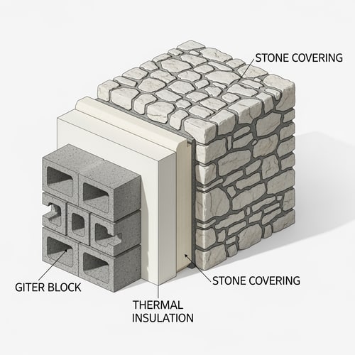 AI Design for MAKE ME AN AXONOMETRICAL VIEW OF THE LAYERS OF THE WALL. I HAVE A GITER BLOCK AND THERMAL INSULATION AND STONE COVERING