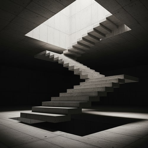 AI Design for Conceptual architectural staircase, sculptural and minimalist.
A vertical staircase made of raw exposed concrete, floating in an abstract empty space.
The staircase rises upward and ends in open void, with no floor, no door, no destination.
Steps are irregular in size and spacing, creating tension and uncertainty while climbing.
No handrails, no walls, no surrounding architecture.
Strong light coming only from above, dramatic shadows along the steps.
Monolithic, heavy material expression, brutalist atmosphere.
No people.
Neutral colors, concrete texture.
Architectural visualization, high quality render, cinematic lighting, low-angle view emphasizing verticality.