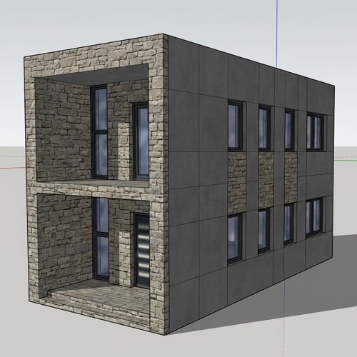 AI Design for make me a facade proposal. let it be a combination of 2 materials. no brick and no demit facade. combination of stone and fiber cement board