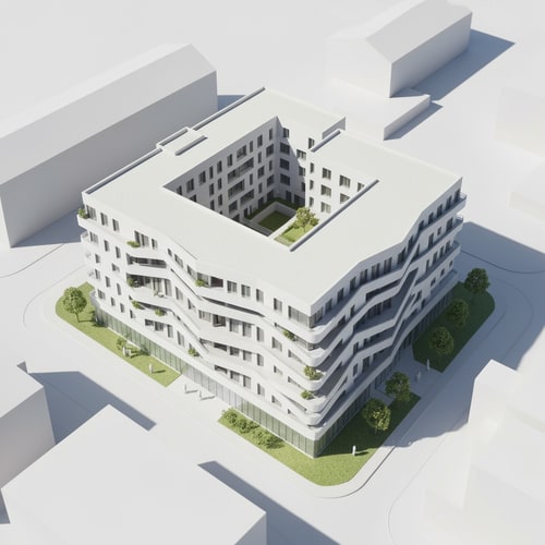 AI Design for modern residential lamella buildings, zig-zag layout, urban street edge and green courtyard, minimalist architecture, white concrete, balconies, medium-rise, architectural massing model, axonometric