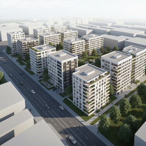AI Design for Contemporary residential housing complex in Novi Sad (Liman), Serbia, designed as a composition of linear apartment volumes (lamella buildings) arranged in a slightly fragmented zig-zag formation. The buildings are medium-rise (P+4 to P+6), with clear separation between residential volumes and vertical communication cores (staircases and elevators expressed as darker, recessed elements).

The composition follows an urban street edge along a main boulevard, creating a strong linear front, while opening towards a quieter green courtyard on the inner side. Emphasis on natural light, cross-ventilation, and human scale.

Architecture is minimalist and modern: clean white or light concrete facades, large balconies, horizontal lines, subtle variations in volume to avoid monotony. Greenery integrated between volumes and in the courtyard, trees and pedestrian paths.

Soft daylight, realistic rendering, architectural visualization, axonometric or aerial perspective, high detail, no people or minimal figures, calm atmosphere.