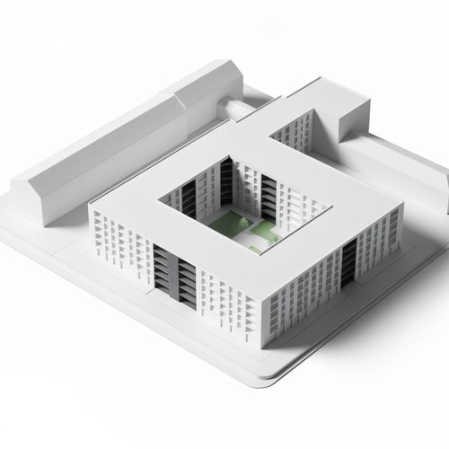 AI Design for architectural massing model of a residential complex on a rectangular site 100x65m, three linear apartment buildings arranged in a zig-zag formation, each building approx 40m long and 12m deep, connected by recessed vertical circulation cores (staircases and elevators) shown as darker volumes between buildings, medium-rise (5-6 floors), placed along a main street edge, with open green courtyard behind, clean geometry, controlled angles (not random), modern minimalist architecture, white physical model, axonometric view, no textures, no people, soft shadows orthogonal geometry, rational layout, aligned volumes, architectural competition style, clear composition