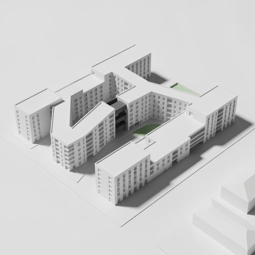 AI Design for architectural massing model of a residential complex on a rectangular site 100x65m, three linear apartment buildings arranged in a zig-zag formation, each building approx 40m long and 12m deep, connected by recessed vertical circulation cores (staircases and elevators) shown as darker volumes between buildings, medium-rise (5-6 floors), placed along a main street edge, with open green courtyard behind, clean geometry, controlled angles (not random), modern minimalist architecture, white physical model, axonometric view, no textures, no people, soft shadows
