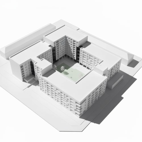 AI Design for architectural massing model of a residential complex on a rectangular site 100x65m, three linear apartment buildings arranged in a zig-zag formation, each building approx 40m long and 12m deep, connected by recessed vertical circulation cores (staircases and elevators) shown as darker volumes between buildings, medium-rise (5-6 floors), placed along a main street edge, with open green courtyard behind, clean geometry, controlled angles (not random), modern minimalist architecture, white physical model, axonometric view, no textures, no people, soft shadows orthogonal geometry, rational layout, aligned volumes, architectural competition style, clear composition