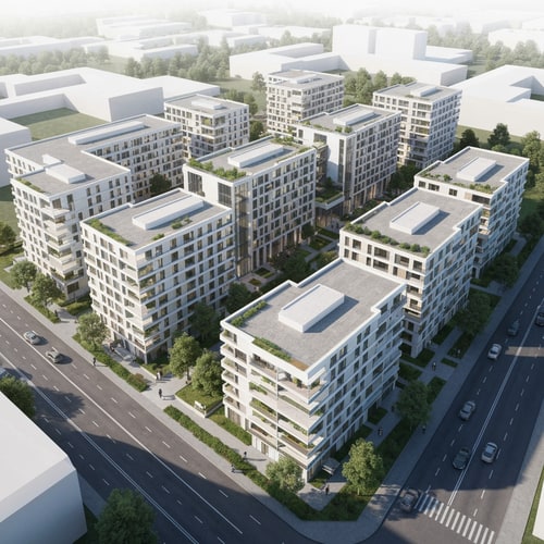 AI Design for Contemporary residential housing complex in Novi Sad (Liman), Serbia, designed as a composition of linear apartment volumes (lamella buildings) arranged in a slightly fragmented zig-zag formation. The buildings are medium-rise (P+4 to P+6), with clear separation between residential volumes and vertical communication cores (staircases and elevators expressed as darker, recessed elements).

The composition follows an urban street edge along a main boulevard, creating a strong linear front, while opening towards a quieter green courtyard on the inner side. Emphasis on natural light, cross-ventilation, and human scale.

Architecture is minimalist and modern: clean white or light concrete facades, large balconies, horizontal lines, subtle variations in volume to avoid monotony. Greenery integrated between volumes and in the courtyard, trees and pedestrian paths.

Soft daylight, realistic rendering, architectural visualization, axonometric or aerial perspective, high detail, no people or minimal figures, calm atmosphere.