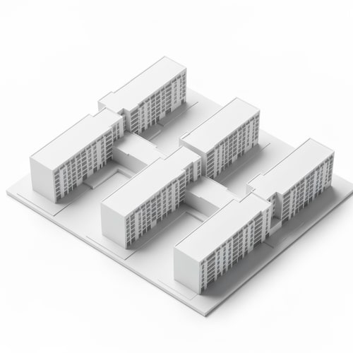 AI Design for architectural massing model, three separate linear apartment buildings (NOT connected), arranged in a zig-zag line across a rectangular site 100x65m, each building 40m long and 12m deep, clear gaps between buildings, vertical circulation cores as smaller blocks between them, open space between volumes, NOT a closed block, NOT a courtyard building, parallel but slightly rotated volumes, modern minimalist white model, axonometric view, clean geometry , separate buildings, not enclosed, open composition, no perimeter block, no courtyard block, like multiple slab buildings placed next to each other