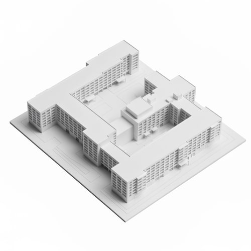 AI Design for architectural massing model, three separate linear apartment buildings (NOT connected), arranged in a zig-zag line across a rectangular site 100x65m, each building 40m long and 12m deep, clear gaps between buildings, vertical circulation cores as smaller blocks between them, open space between volumes, NOT a closed block, NOT a courtyard building, parallel but slightly rotated volumes, modern minimalist white model, axonometric view, clean geometry , separate buildings, not enclosed, open composition, no perimeter block, no courtyard block, like multiple slab buildings placed next to each other