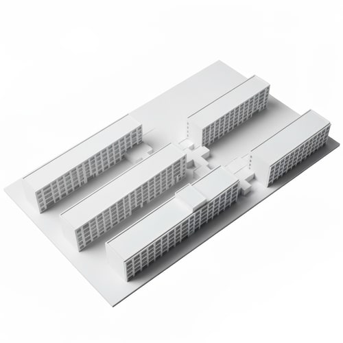 AI Design for architectural massing model, three separate linear apartment buildings (NOT connected), arranged in a zig-zag line across a rectangular site 100x65m, each building 40m long and 12m deep, clear gaps between buildings, vertical circulation cores as smaller blocks between them, open space between volumes, NOT a closed block, NOT a courtyard building, parallel but slightly rotated volumes, modern minimalist white model, axonometric view, clean geometry , separate buildings, not enclosed, open composition, no perimeter block, no courtyard block, like multiple slab buildings placed next to each other