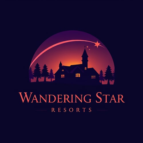 AI Design for Logo for Wandering Star Resorts
Dark sunset background with a shooting star arcing across the sky
Silhuett a dark home against the dark sunset background
Like Disney castle with fairy, but a house instead of a castle, and a shooting star instead of a fairy
Colors: Dark purple and blue
Keep the star inside the circle
No trees or castles, only a house with lighted windows