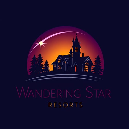 AI Design for Logo for Wandering Star Resorts
Dark sunset background with a shooting star arcing across the sky
Silhuett a dark home against the dark sunset background
Like Disney castle with fairy, but a house instead of a castle, and a shooting star instead of a fairy
Colors: Dark purple and blue
Keep the star inside the circle
No trees or castles, only a house with lighted windows