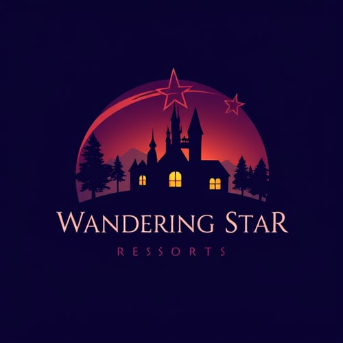 AI Design for Logo for Wandering Star Resorts
Dark sunset background with a shooting star arcing across the sky
Silhuett a dark home against the dark sunset background
Like Disney castle with fairy, but a house instead of a castle, and a shooting star instead of a fairy
Colors: Dark purple and blue
Keep the star inside the circle
No trees or castles, only a house with lighted windows