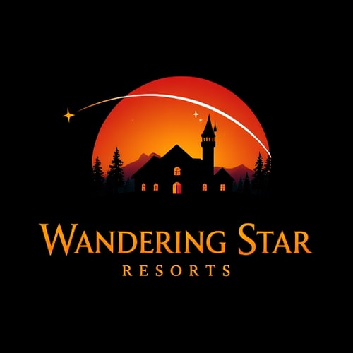 AI Design for Logo for Wandering Star Resorts
Dark sunset background with a shooting star arcing across the sky
Silhuett a dark home against the dark sunset background
Like Disney castle with fairy, but a house instead of a castle, and a shooting star instead of a fairy