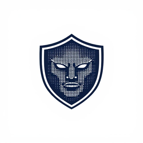 AI Design for dot matrix face in the shape of a shield on blank background
