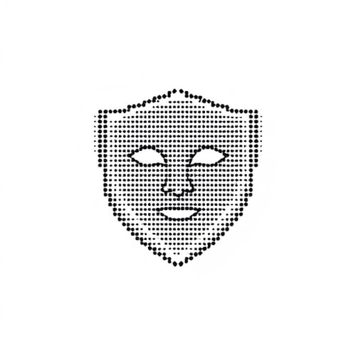 AI Design for dot matrix face in the shape of a shield on blank background