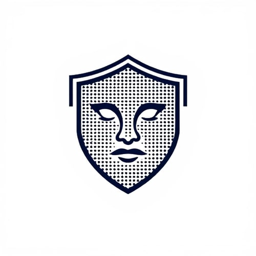 AI Design for dot matrix face in the shape of a shield on blank background