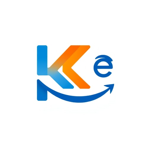 AI Design for Create a logo of the letter K with its tail extended to form a smiling mouth. Include a “<” symbol positioned opposite the letter K. The logo should be simple, modern, and friendly. Use blue for the letter K and orange for the smile.”