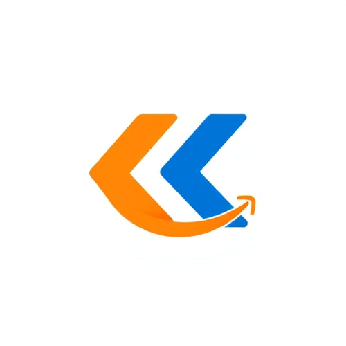 AI Design for Create a logo of the letter K with its tail extended to form a smiling mouth. Include a “<” symbol positioned opposite the letter K. The logo should be simple, modern, and friendly. Use blue for the letter K and orange for the smile.”