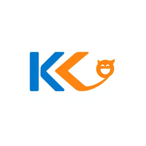 AI Design for Create a logo of the letter K with its tail extended to form a smiling mouth. Include a “<” symbol positioned opposite the letter K. The logo should be simple, modern, and friendly. Use blue for the letter K and orange for the smile.”
