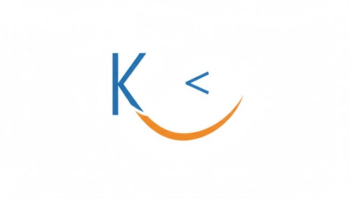 AI Design for Create a logo of the letter K with its tail extended to form a smiling mouth. Include a “<” symbol positioned opposite the letter K. The logo should be simple, modern, and friendly. Use blue for the letter K and orange for the smile.”