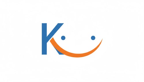 AI Design for “Create a logo of the letter K with its tail extended to form a smiling mouth. Add two small dots above as eyes. The logo should be simple, modern, and friendly. Use blue for the letter K and orange for the smile.”