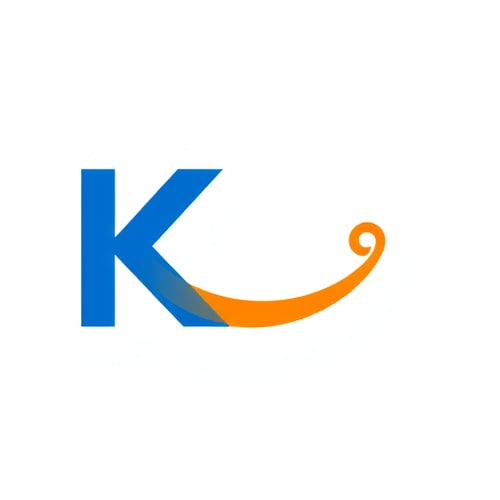 AI Design for “Create a logo of the letter K with its tail extended to form a smiling mouth. Add < . The logo should be simple, modern, and friendly. Use blue for the letter K and orange for the smile.”