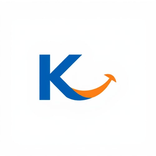 AI Design for “Create a logo of the letter K with its tail extended to form a smiling mouth. Add < . The logo should be simple, modern, and friendly. Use blue for the letter K and orange for the smile.”