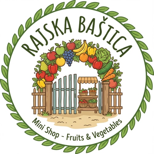 AI Design for make me logo for mini shop where is selled vegetables and fruits named RAJSKA BAŠTICA