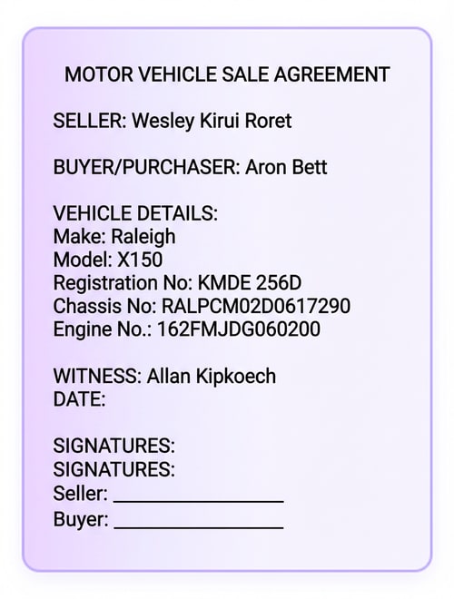 AI Design for Change seller to be Wesley kirui roret. Buyer/purchaser. take allan kipkoech to be witness in place of aron bett. to be Aron Bett.make: Raleigh model: x150, reg no: KMDE 256D chasis no: RALPCM02D0617290 Engine no.: 162FMJDG060200