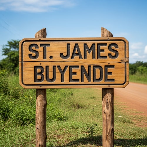 AI Design for edit buyende to read "St. James Buyende" and make this look very clear, and be HD