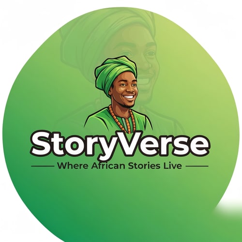 AI Design for design a logo for my social media plaftorm called story verse, slogan is: Where African Stories Live. i have used grren and white color in my designs themes.