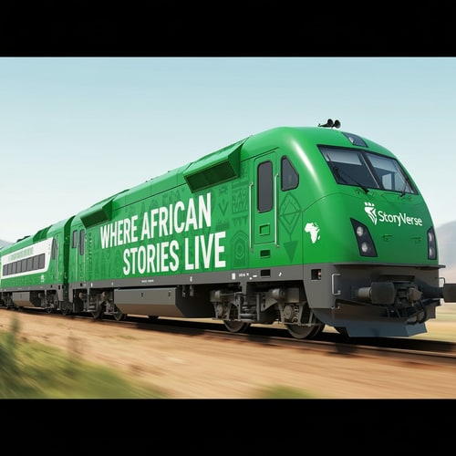 AI Design for design a loco for my social media plaftorm called story verse, slogan is: Where African Stories Live. i have used grren and white color in my designs themes.