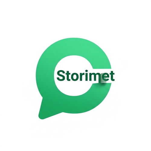 AI Design for my social media app is called Storimet, I want a clean logo, from best practice that matches that name, a big like chats icon and someting letters etc. colour is green. set it inside write pinion