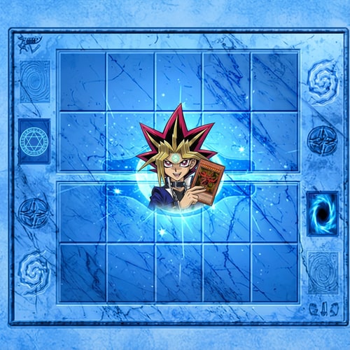 AI Design for Legyen kék szinü az egész effektel. A közepén a kereszt helyett legyen Yugi ahol fog 1 kártyát Slifert és a homlokán van Orichalcos jele és gúnyosan mosolyog csak kicsibe legyen ne teritse be az egész képet... Illetve a mező legyen kék ne az egész kép, és a fuzió temető mezőlap helyére csinálj valami kreativ dolgot ami Yugiosh Mezőn kivüli dolgok és kékek legyenek.  Ne legyen benne sárga szin a mezőn és a mezőn kivül