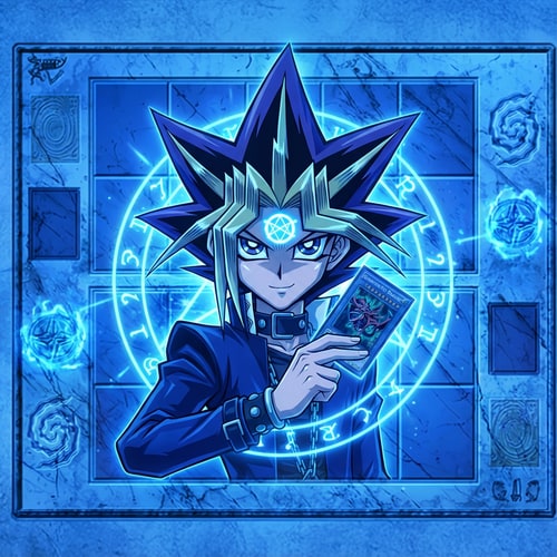 AI Design for Legyen kék szinü az egész effektel. A közepén a kereszt helyett legyen Yugi ahol fog 1 kártyát Slifert és a homlokán van Orichalcos jele és gúnyosan mosolyog.