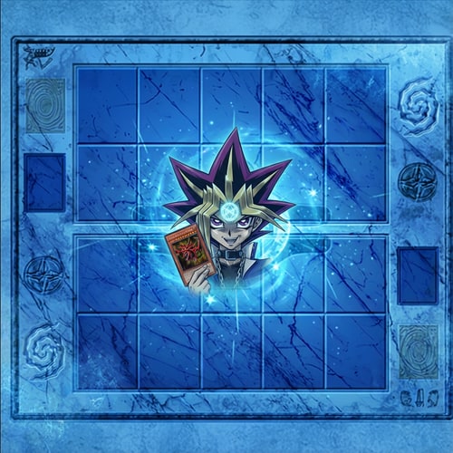 AI Design for Legyen kék szinü az egész effektel. A közepén a kereszt helyett legyen Yugi ahol fog 1 kártyát Slifert és a homlokán van Orichalcos jele és gúnyosan mosolyog csak kicsibe legyen ne teritse be az egész képet...