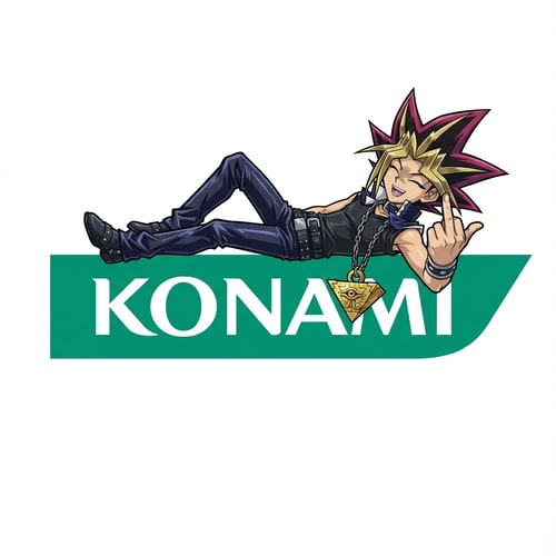 AI Design for Szerkeszd át nekem ugy hogy Yugi fekszik a Konami feliraton és a kezével mutatja hogy kabbe és mosolyog a nyakába az ezeréves ikon
