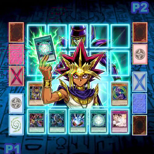 AI Design for Ez a Yugioh mező. És a kártyák mérete kilógnak rajta. Szerkeszd meg úgy hogy ne lógjanak és terjenek ki a glowból. A kártya mérete 50x72 kicsi. A nagy 200-290-es.