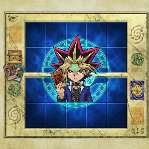 AI Design for Legyen kék szinü az egész effektel. A közepén a kereszt helyett legyen Yugi ahol fog 1 kártyát Slifert és a homlokán van Orichalcos jele és gúnyosan mosolyog csak kicsibe legyen ne teritse be az egész képet... Illetve a mező legyen kék ne az egész kép, és a fuzió temető mezőlap helyére csinálj valami kreativ dolgot ami Yugiosh