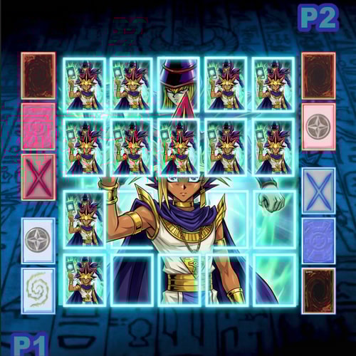 AI Design for Ez a Yugioh mező. És a kártyák mérete kilógnak rajta. Szerkeszd meg úgy hogy ne lógjanak és terjenek ki a glowból. A kártya mérete 50x72 kicsi. A nagy 200-290-es.