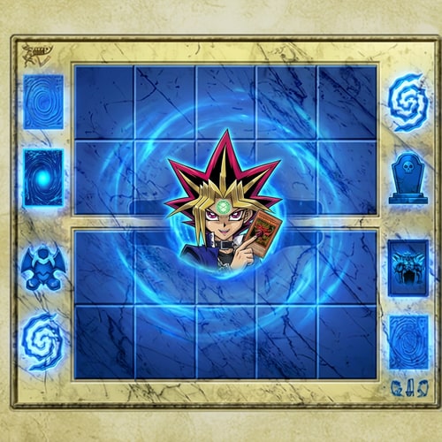 AI Design for Legyen kék szinü az egész effektel. A közepén a kereszt helyett legyen Yugi ahol fog 1 kártyát Slifert és a homlokán van Orichalcos jele és gúnyosan mosolyog csak kicsibe legyen ne teritse be az egész képet... Illetve a mező legyen kék ne az egész kép, és a fuzió temető mezőlap helyére csinálj valami kreativ dolgot ami Yugiosh Mezőn kivüli dolgok és kékek legyenek.