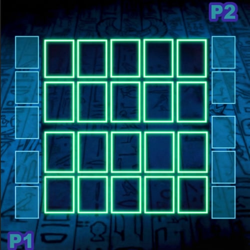 AI Design for Ez a Yugioh mező. És a kártyák mérete kilógnak rajta. Szerkeszd meg úgy hogy ne lógjanak és terjenek ki a glowból. A kártya mérete 50x72 kicsi. A nagy 200-290-es. De a mező amit készitesz az maradjon üres, hogy le tudjam tölteni ne legyen rajta semmi.