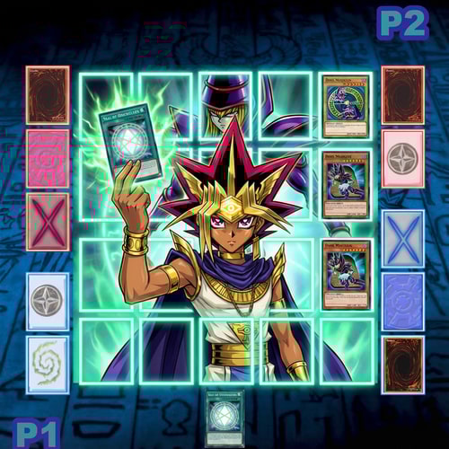 AI Design for Ez a Yugioh mező. És a kártyák mérete kilógnak rajta. Szerkeszd meg úgy hogy ne lógjanak és terjenek ki a glowból. A kártya mérete 50x72 kicsi. A nagy 200-290-es. .